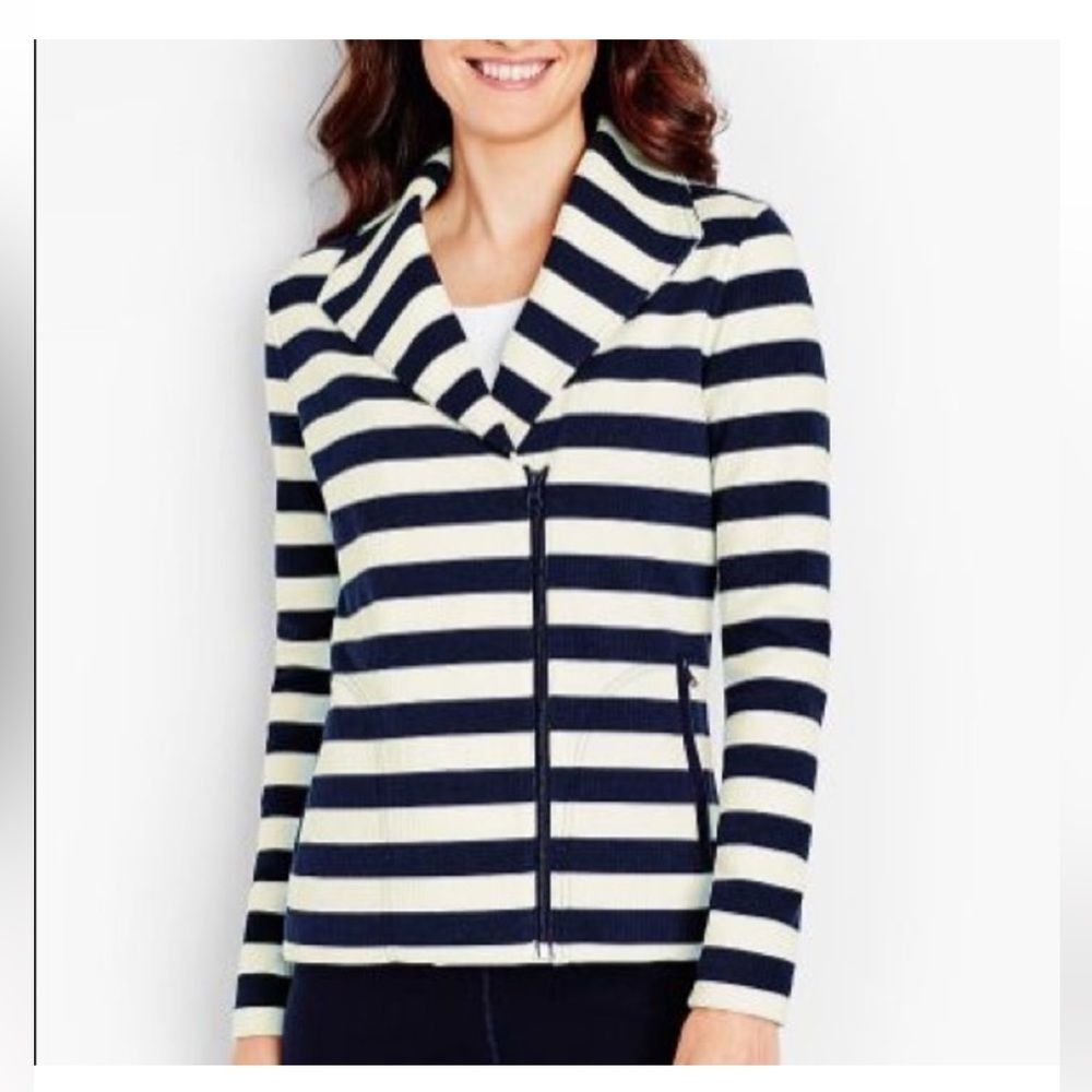 Talbots Navy Blue And Pink Striped Moto Zippered Jacket Womens Size Medium EUC